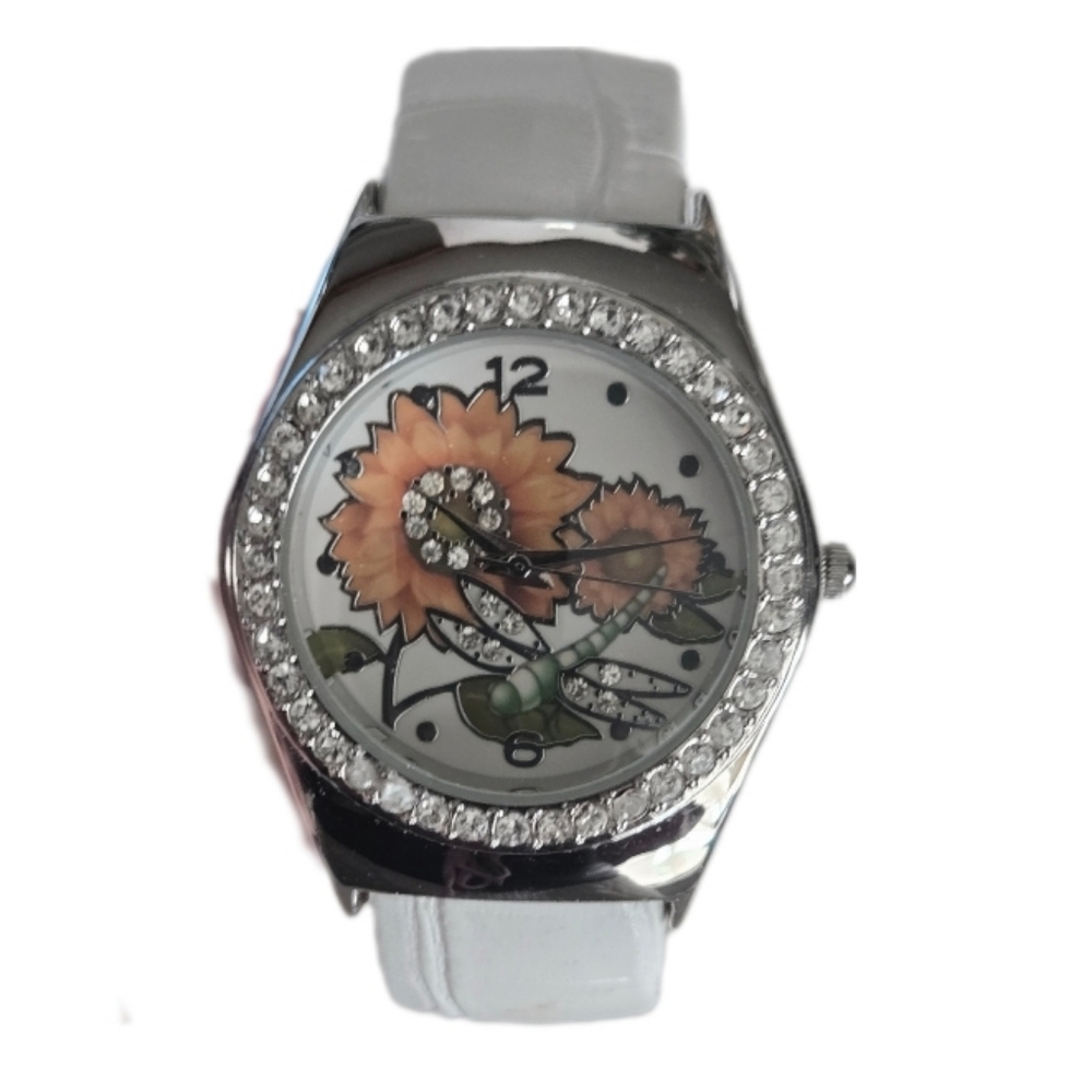 Avon Sunflower Dragonfly Silver Tone Rhinestone Watch NWOT Floral Bracelet Watch - Picture 2 of 13